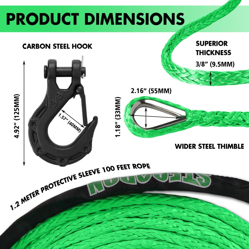 STEGODON Synthetic Winch Rope, 3/8" x100ft 23809LBS Dyneema Winch Rope 3/8 Heavy Duty Winch Cable with Protective Sleeve Forged Winch Hook for 4WD Off Road Vehicle Truck SUV (Green) - Image 2